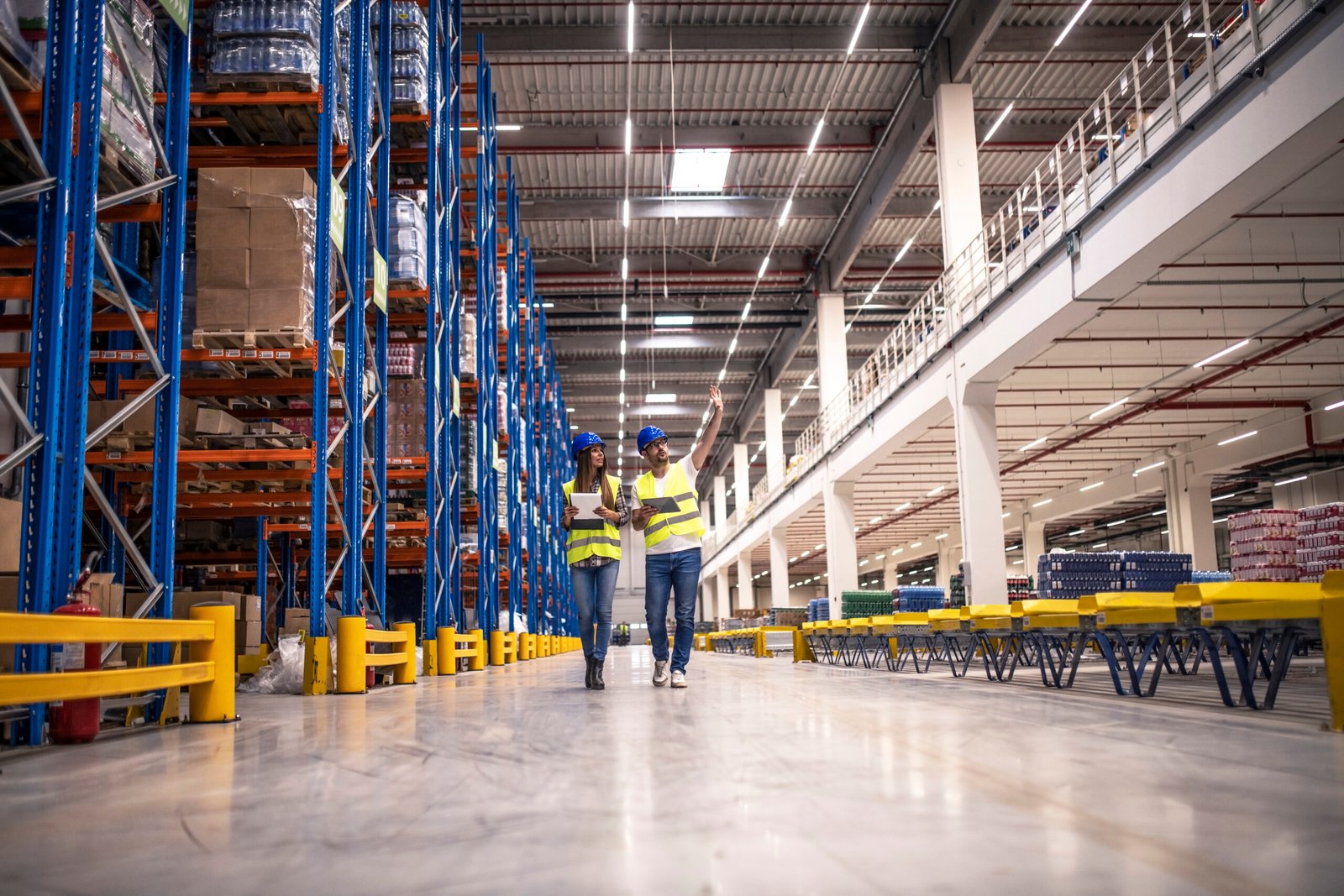 Distribution Warehouse Interior With Workers Wearing Hardhats Reflective Jackets Walking Storage Area Scaled
